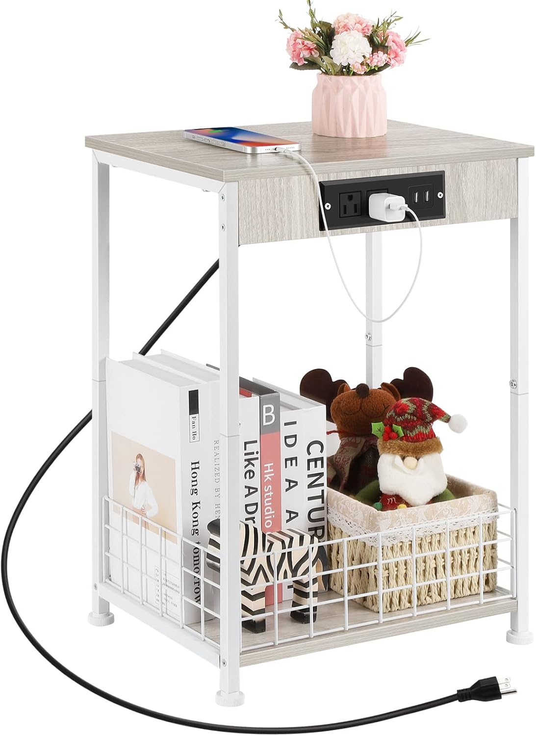 Small Side Table with Charging Station White Storage End Table with
