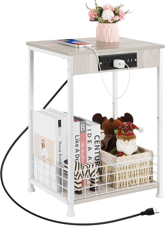 Small Side Table with Charging Station White Storage End Table with