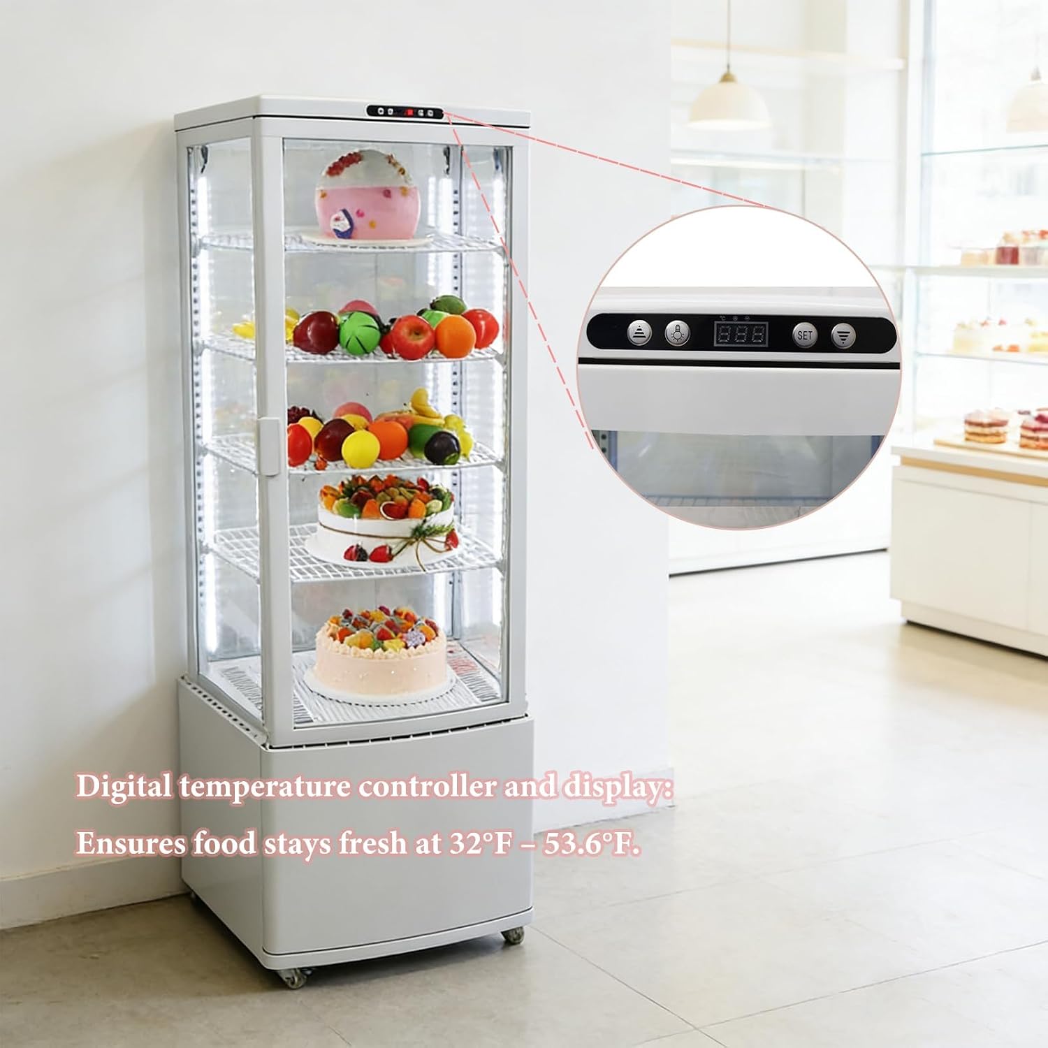 Refrigerated Cake 215L Display Case with Digital Temp Control and Adjustable Shelves Commercial Cake Cooler Display for Pastries Bakeries Commercial Use