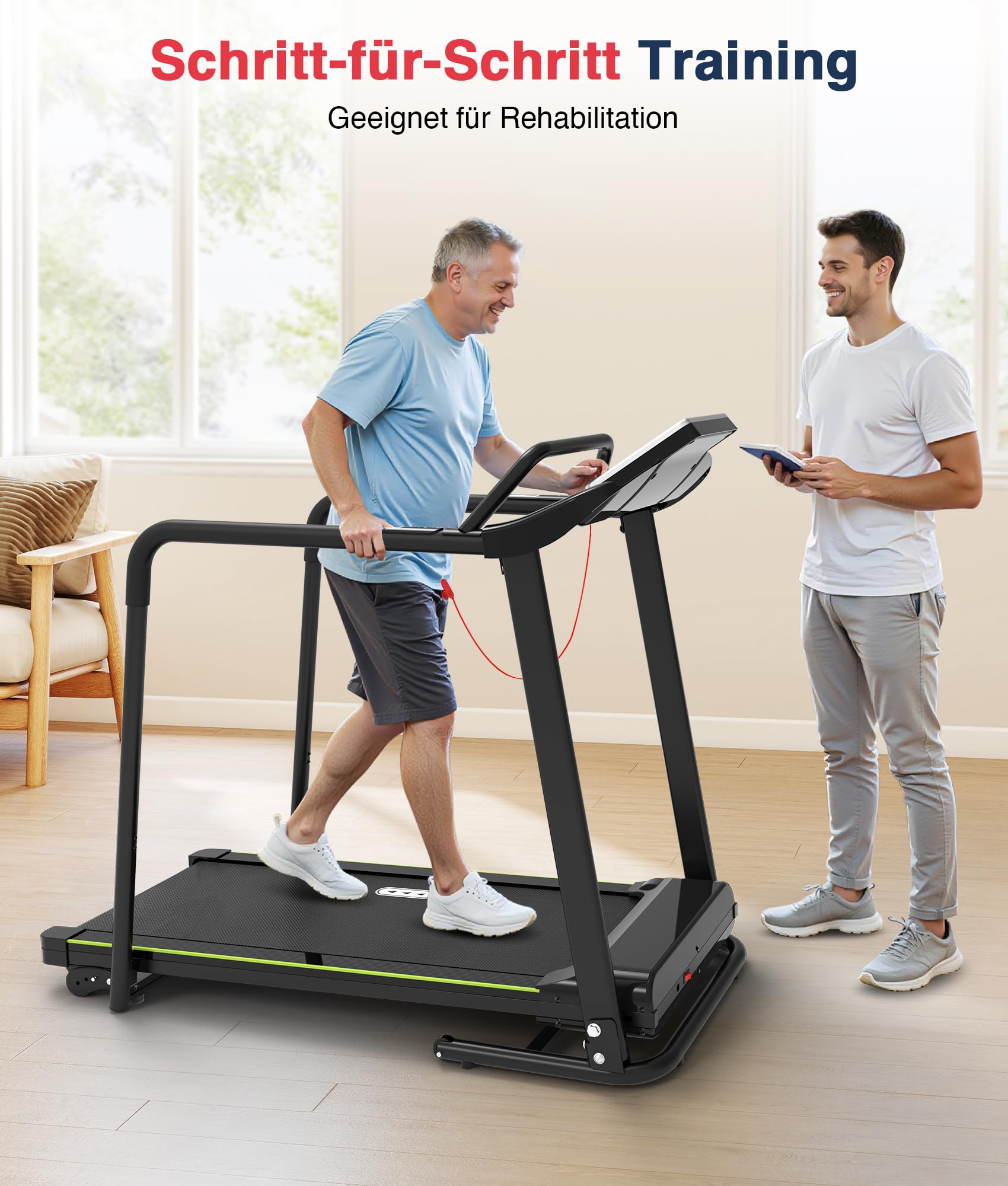 Redliro Laufband für Senioren mit Handläufen, sanfter Start ab 0,5 km/h | 300 lb Tragkraft,0–2 % Neigung,Transporträder,Auto-Schmierung, Bildschirm-Aus-Taste,Rehabilitations-Laufband für Zuhause