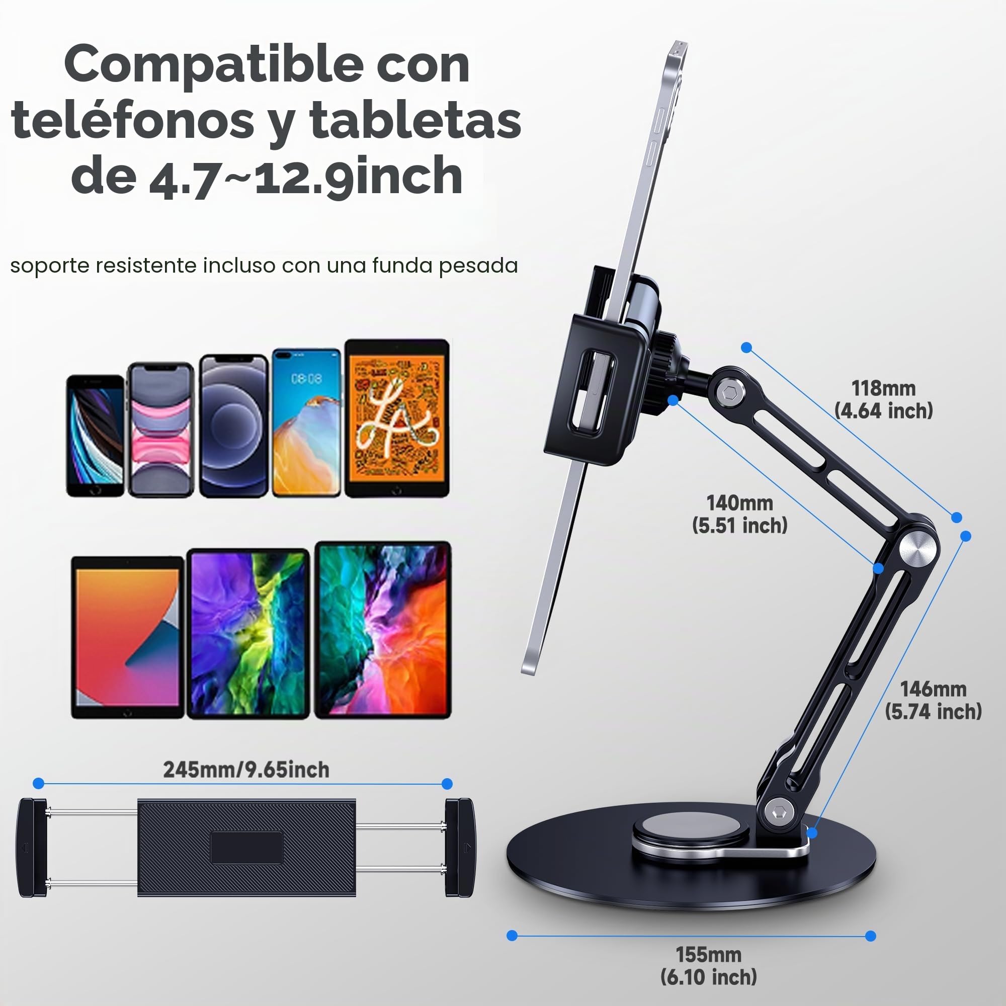 Soporte para Tablet para iPad, Ajustable con Base Giratoria de 360 Grados para Escritorio, Soporte Giratorio de Aluminio para Tablet Compatible con iPad Air/Mini,10.2/9.7,Pro