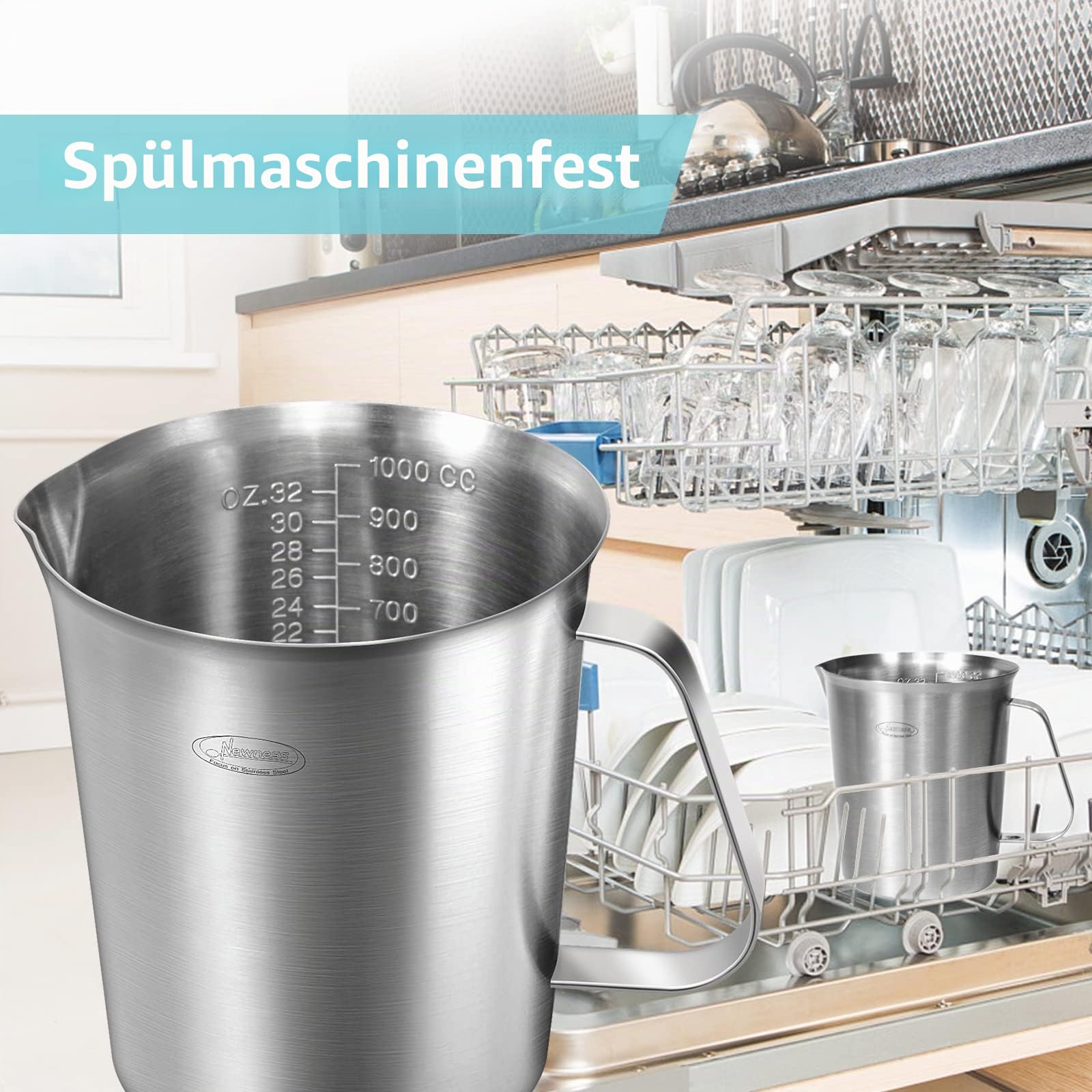 Newness Messbecher Edelstahl, 1000 ML [3 Messskalen, einschließlich Cups, ML, OZ Skala] Milchkännchen mit Markierung mit Griff, Messkanne Milk Pitcher, Edelstahl Messbecher 1l