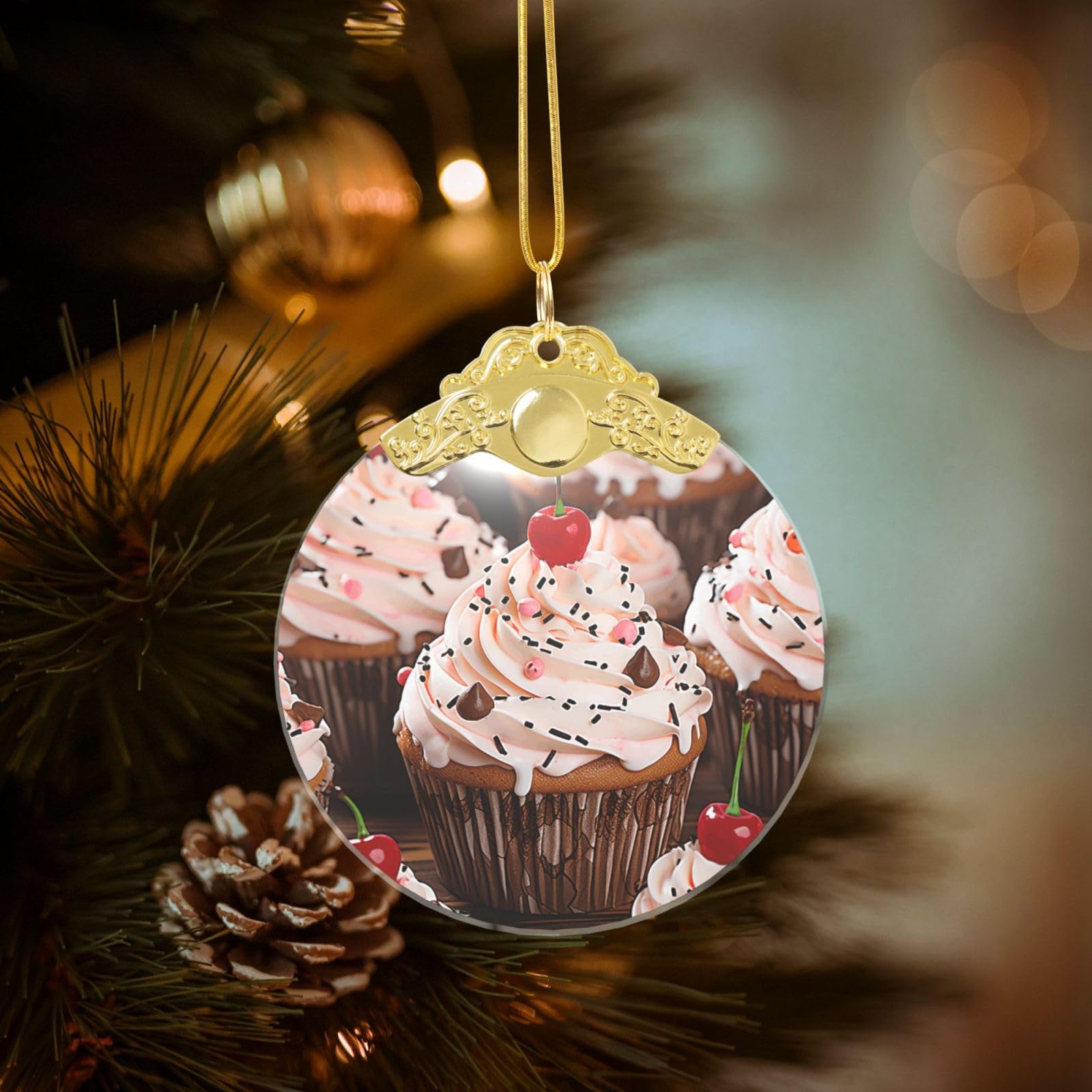 Crystal Christmas Ornaments for Christmas Tree Decoration Hanging Cupcake and Muffin Ornament with Gold Ribbon Crafts Round Pendant for Keepsake Gifts Glass Xmas Decor Party Supplies