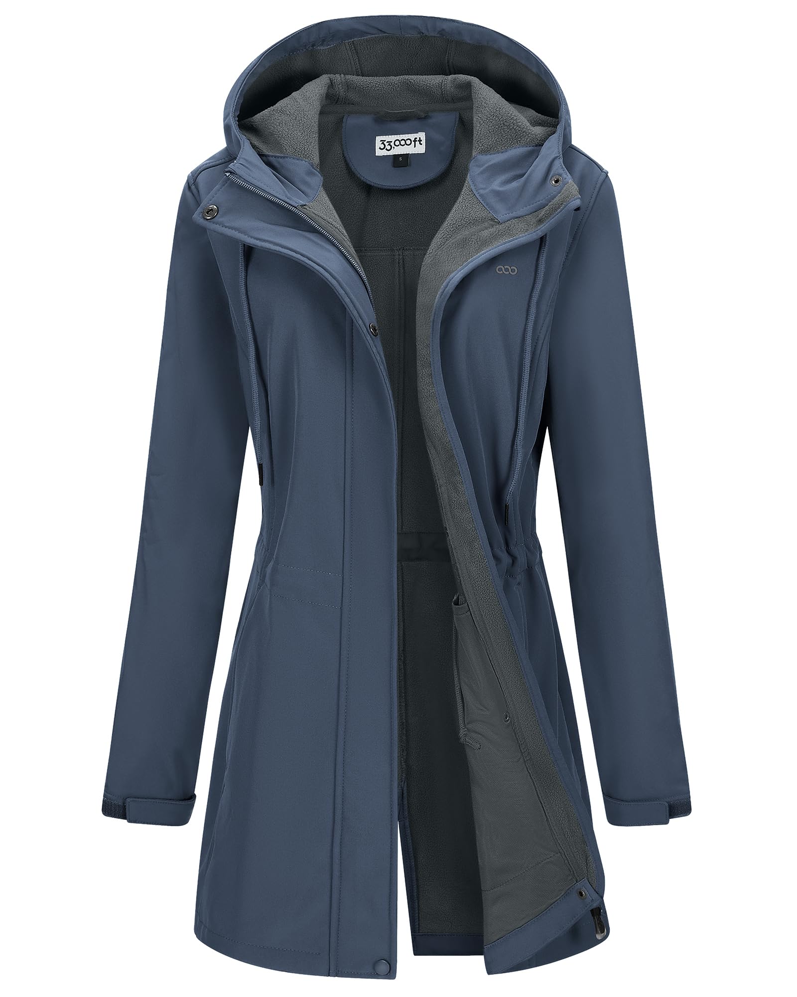 33,000ft Women's Softshell Long Jacket with Hood Fleece Lined Windproof Warm up Waterproof Windbreaker