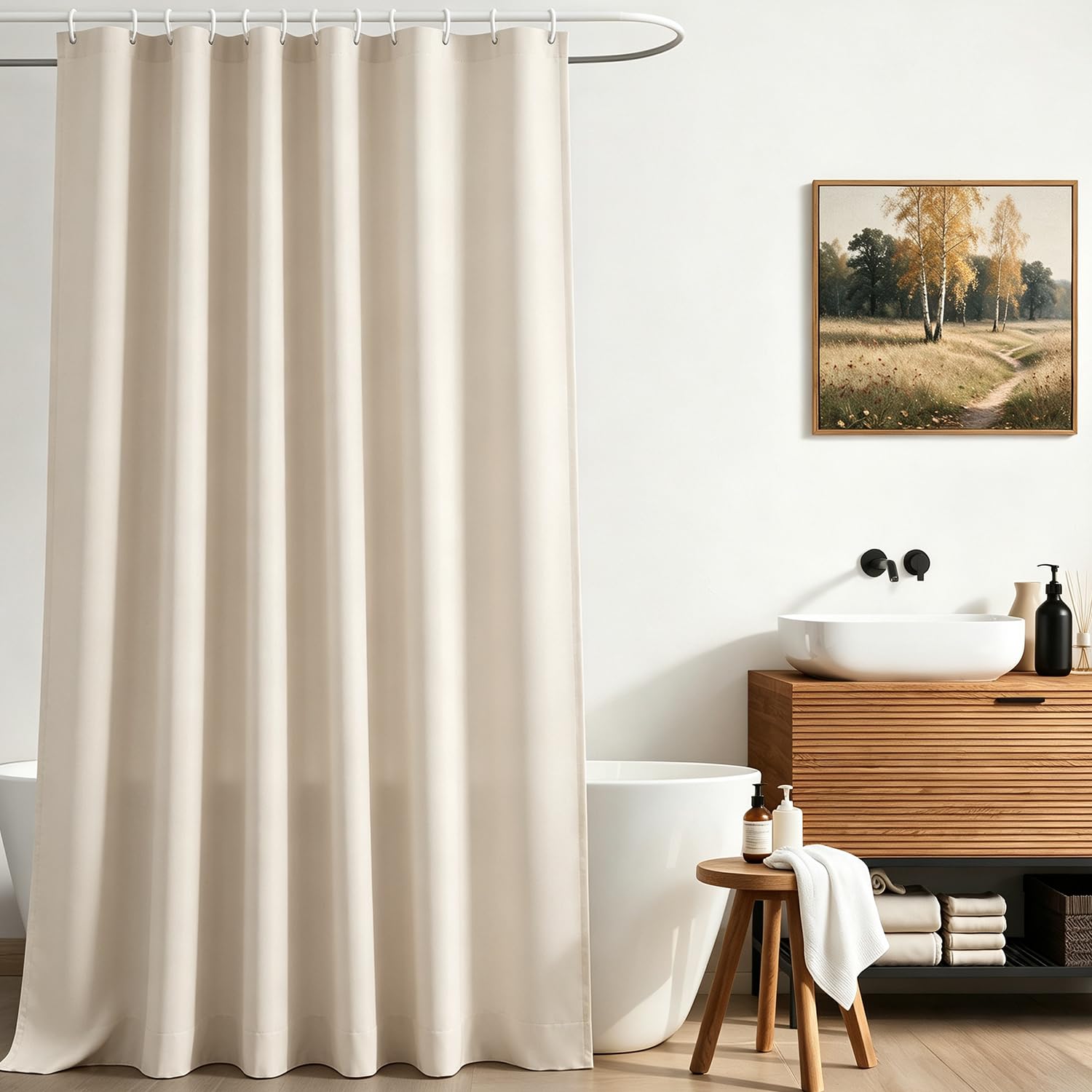 Lerores Shower Curtain, 190 x 200 cm, Beige, Weighted Hem, Anti-Mould Textile, Water-Repellent, Washable Polyester Fabric Bath Curtains for Bathroom, Bathtub with 12 Shower Curtain Rings