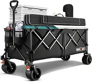 Overmont 45'' Collapsible Foldable Extended Wagon Cart - 300L Heavy Duty 440lbs Large Capacity Folding Utility Wagon with All-Terrain Wide Wheels for Camping Sports Grocery Picnic