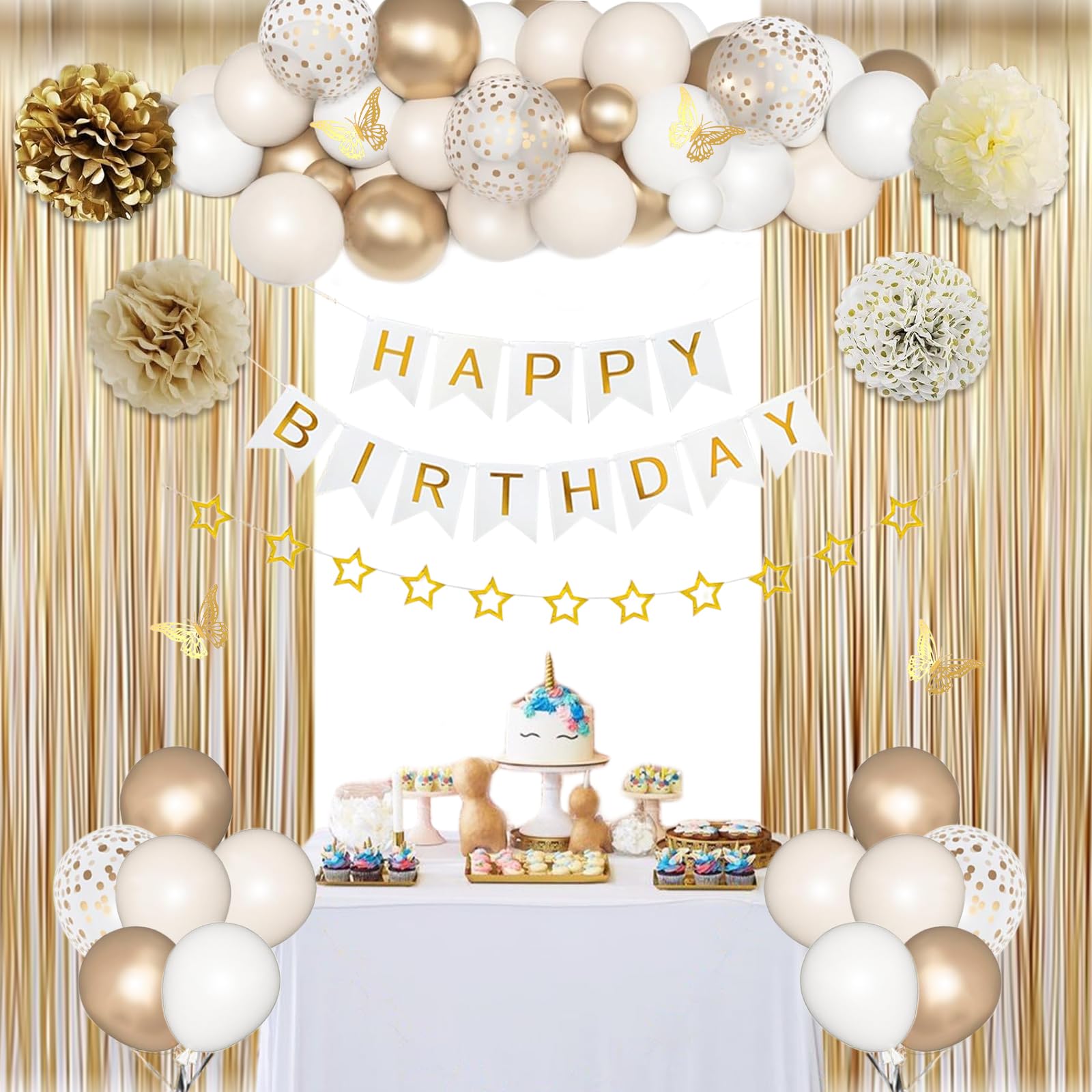 Sweet Birthday Decorations for Women, White Sand Beige Cream Neutral Gold Foil Balloons Curtains Happy Birthday Banner Golden Star Garland Butterfly