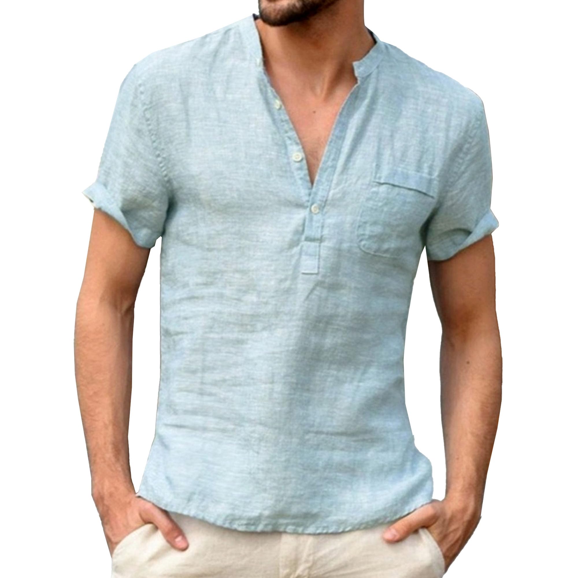 Men Solid Simple Short-Sleeved Shirt Stand Collar Button Semi-Cardigan Summer Street Cool Slim Thin T Shirts (Light Blue,XX-Large)
