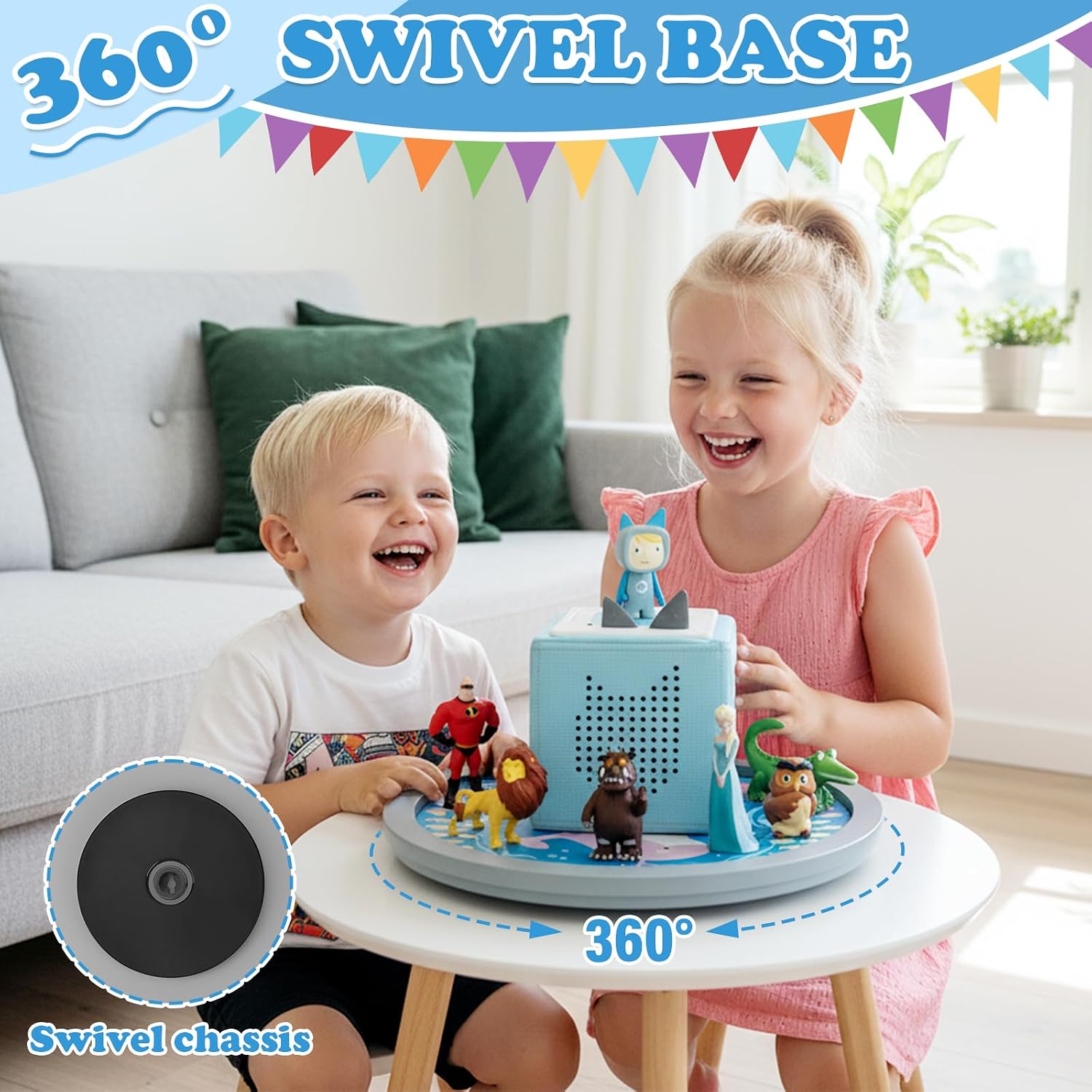 360° Round Turntable for Tonies Figures Storage, Fun Fishing Game with Magnetic Hook to “Catch” for Tonies Characters, Ocean Theme Wooden Organizer Storage Shelf Display for Toniebox 1/2