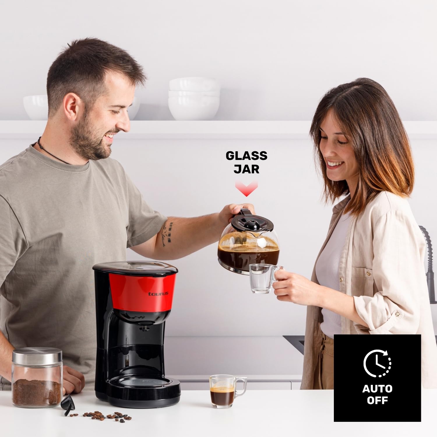 Taurus – Cafetera de Goteo Verona Vintage Red, 12 Tazas, 1000W, Jarra Cristal graduada, Depósito Agua Visible, Filtro Reutilizable, Auto Apagado, Placa calefactora
