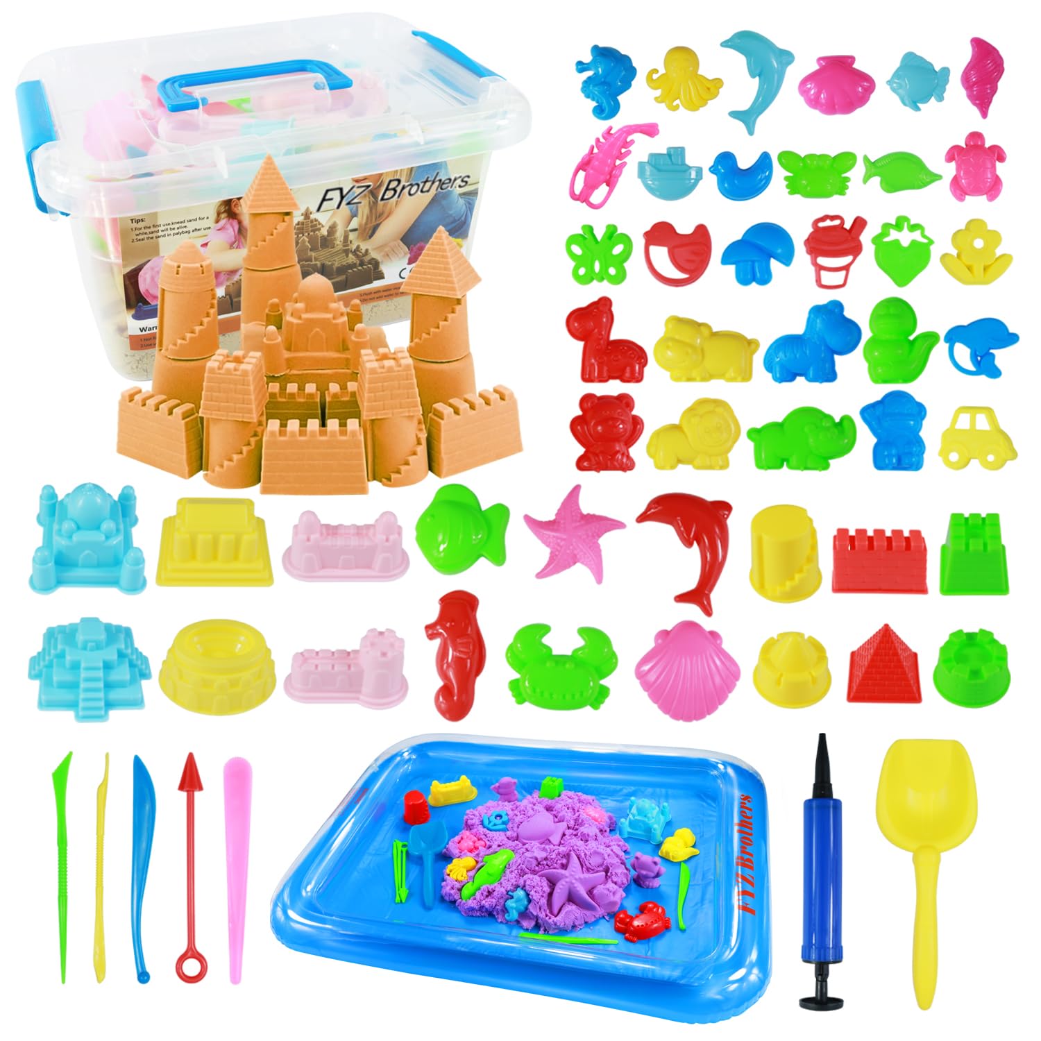 FYZ Brothers Sand kit with Inflatable Tray, 46 molds, 5 Tools, Inflator, Shovel and Storage Box, 3 lbs Color Sand