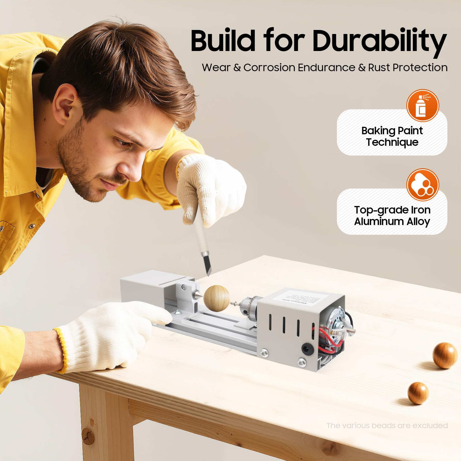 Mini Torno 96W, 9000–4000 U/min, Banco de Torneado de Mesa de 7 Velocidades con Mandíbula de Precisión, Torno Compacto para Madera, Perlas y Grabado, Incluye 6 Cuchillos de Talla y Accesorios