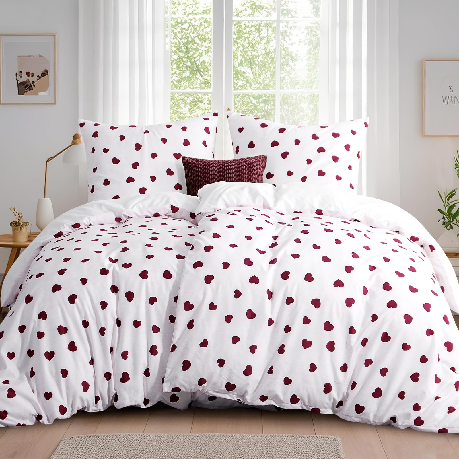 Tifschlaf Bettwäsche 135x200 4teilig, 2 Bettbezüge 135 x 200 mit 2 Kissenbezüge 80x80 cm, ÖKO-TEX Mikrofaser Bettwäsche-Sets Mädchen Weiß Rot Herzen Muster, Weich & Bügelfrei mit Reißverschluss