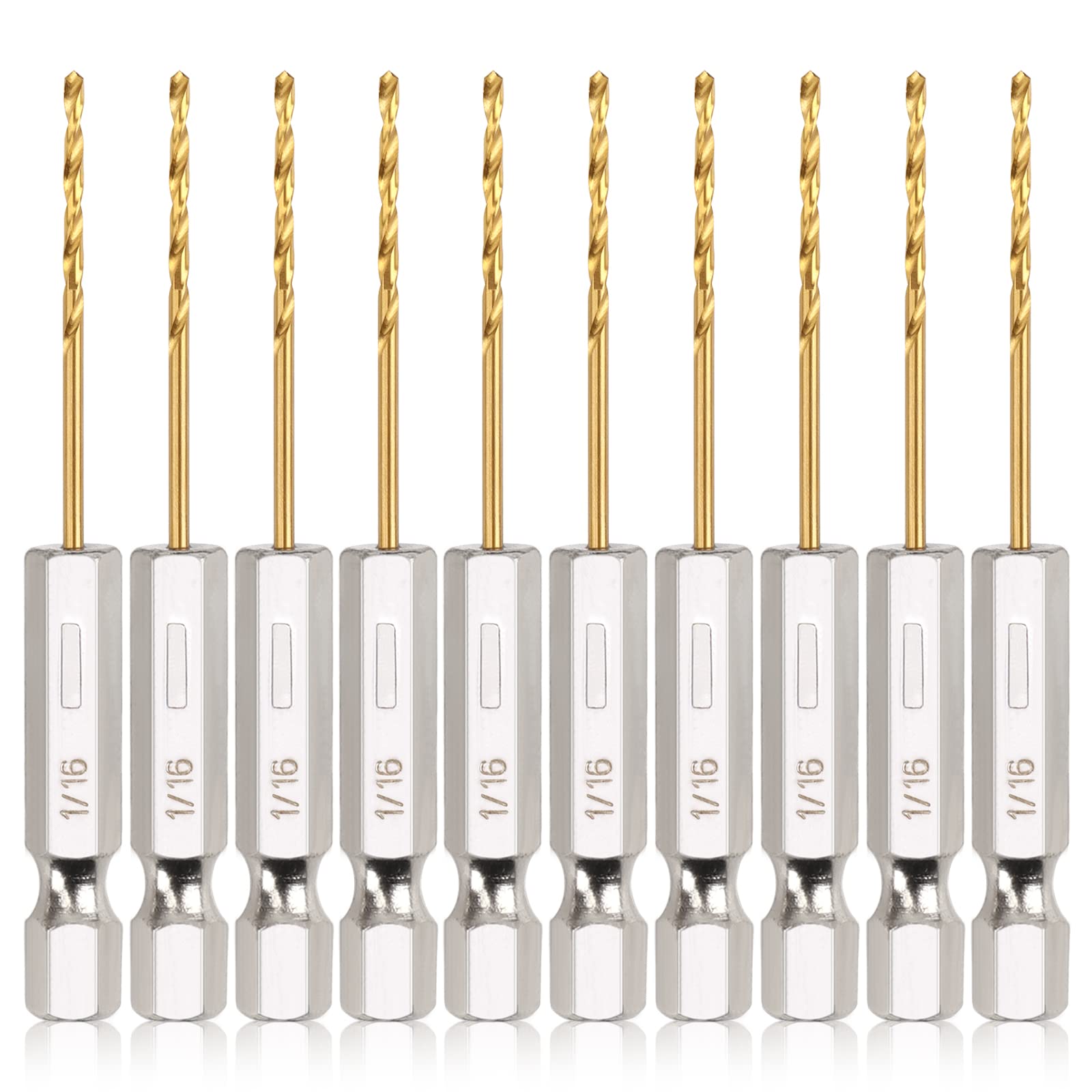 COMOWARE Titanium Twist Drill Bit Set - 10 Pcs 1/16" Hex Shank High Speed Steel for Wood Plastic Aluminum Alloy, Quick Change