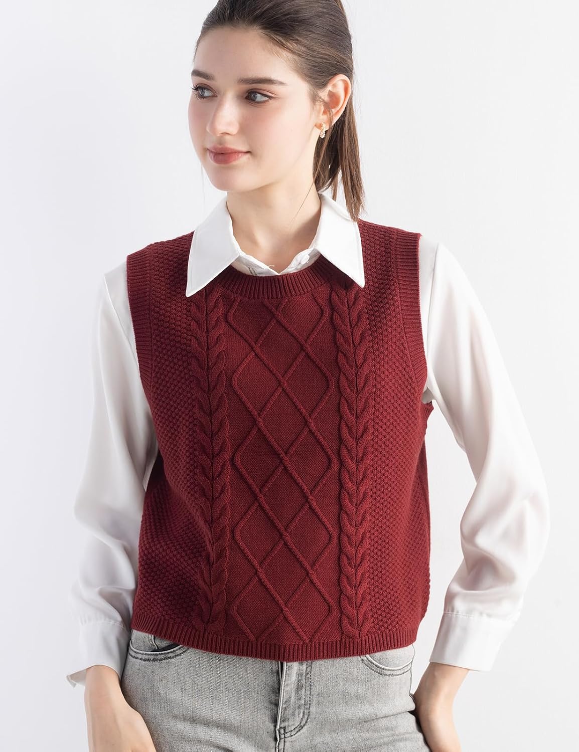 Women's Merino Wool Blend Sweater Vest 2025 Fall Winter Casual Crew Neck Cable Sleeveless Knit Pullover Sweater - Image 5