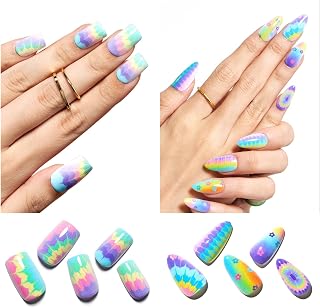 GLAMERMAID 48Pcs Ombre Press on Nails Medium Almond, Tie Dye Fake Nails Short Stiletto, Summer Color Short Oval Stick Glue on Nails Gel, Acrylic False Nail Tips with Colorful Flower for Women Girl