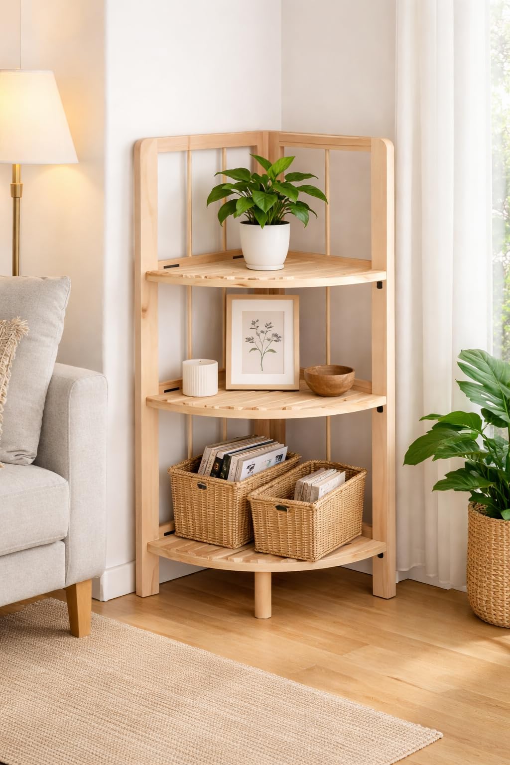 FAHD TRADERS 3 Tier Foldable Corner Shelf Solid Wood Storage Rack 27x27x84.5cm | Space Saving Corner Bookshelf Display Stand for Living Room Bedroom Bathroom Kitchen Plant Stand