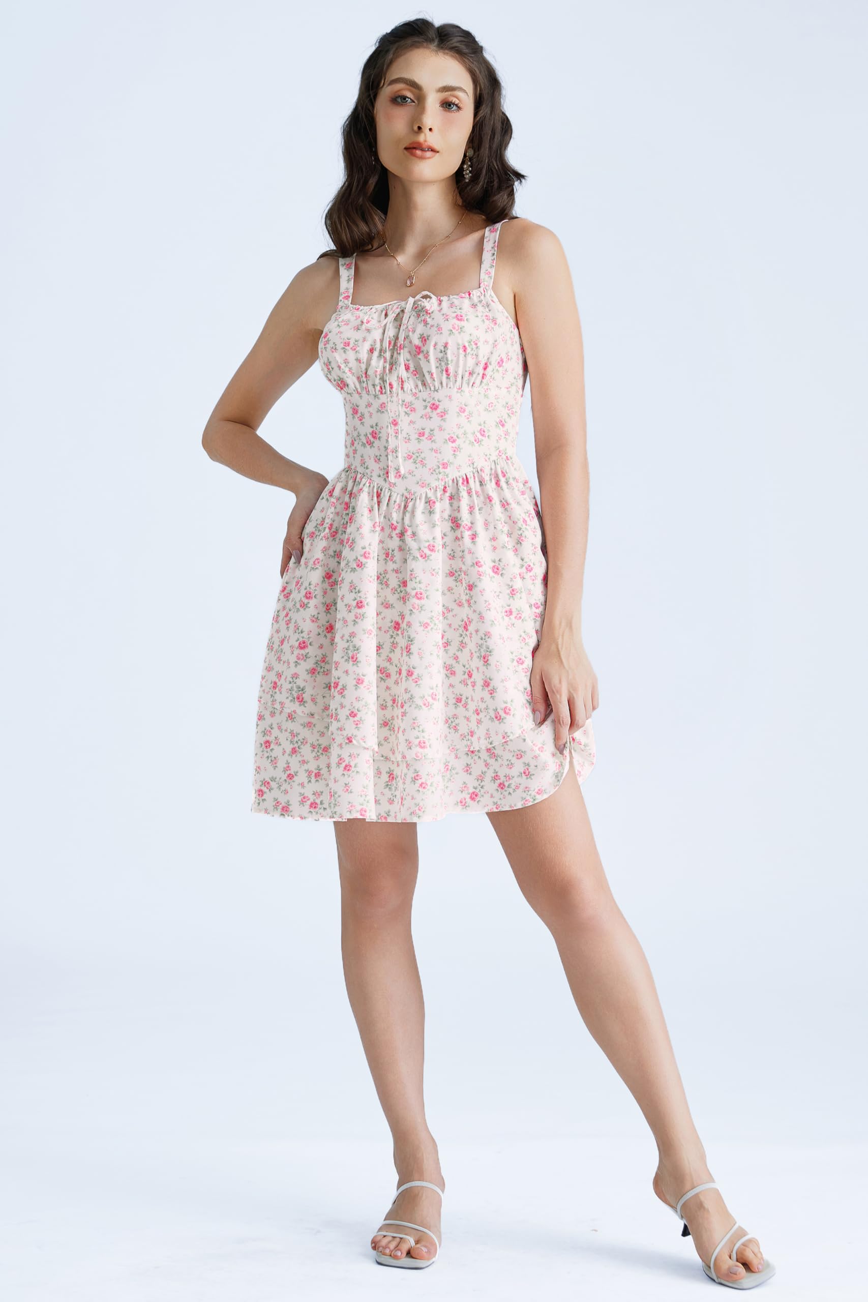 SCARLET DARKNESS Floral Mini Corset Dress for Women Teen 2026 Summer Spring Flowy A-Line Sundress with Pockets: Medium White Pink Floral