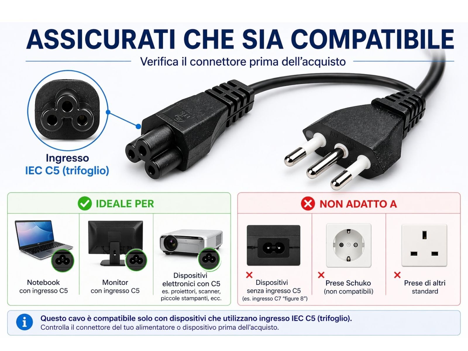 Cavo Alimentazione Notebook 1,8m IEC C5 Trifoglio – Spina Italiana 3 Poli 10A 250V IMQ | Cavo Alimentatore PC Portatile, Monitor, Stampante