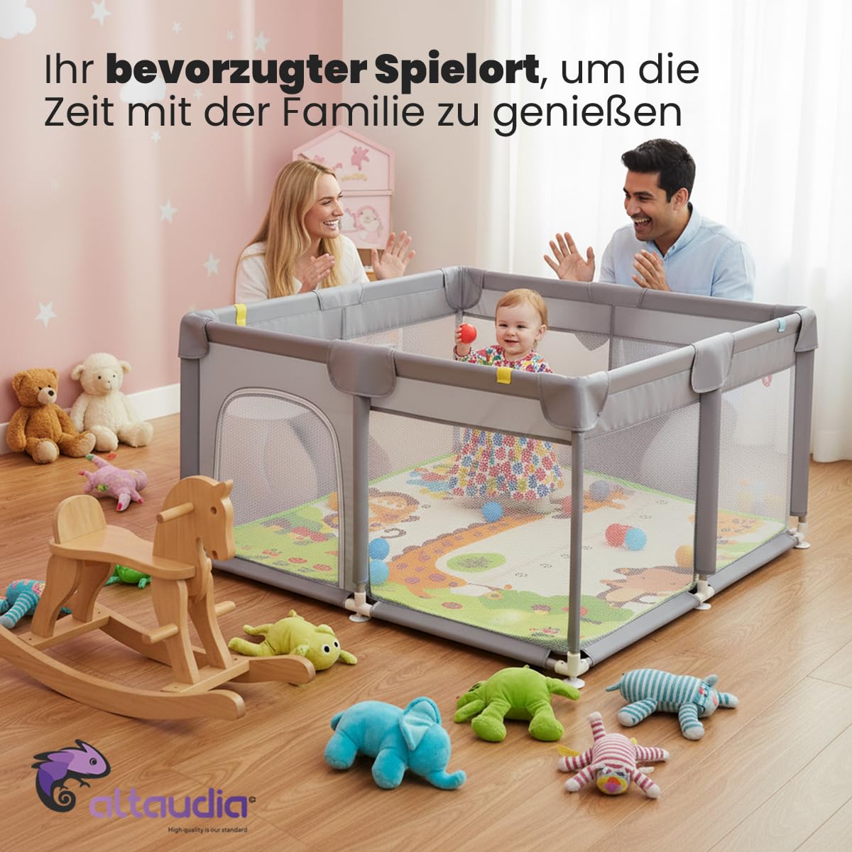 Baby-Laufstall 120 x 120 cm + Baby-Teppich + 50 Bälle + Transporttaschen – Baby-Laufstall mit atmungsaktivem Netz – Lustiger Spielplatz für Babys – Grau