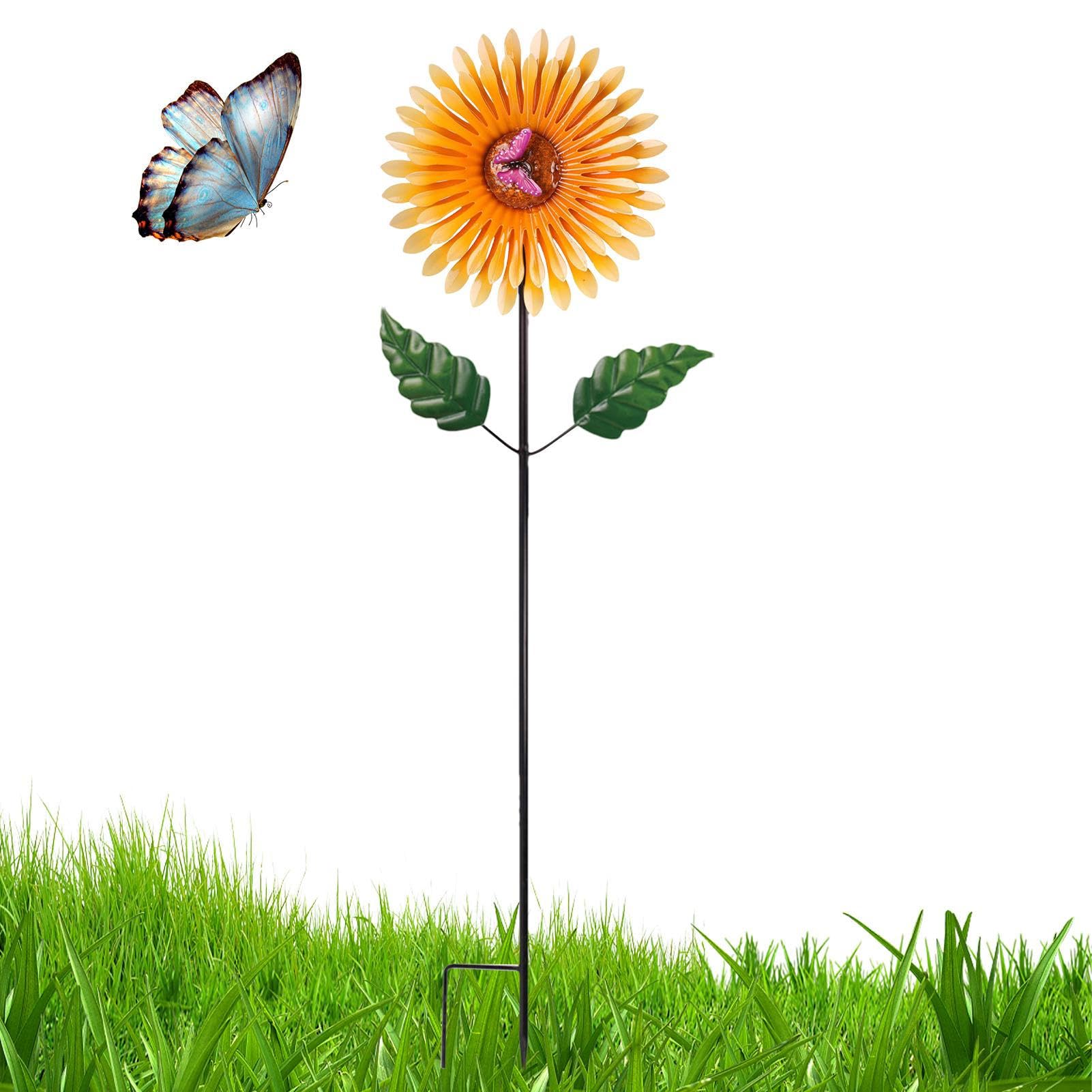 Molino de viento de girasol, molinillo de viento de girasol, molinillo de planta de flor con estaca de mariposa al aire libre, molinillo de viento de metal para jardín, balcón, patio, jardín y | Estacas decorativas para jardín, cartel giratorio de giras