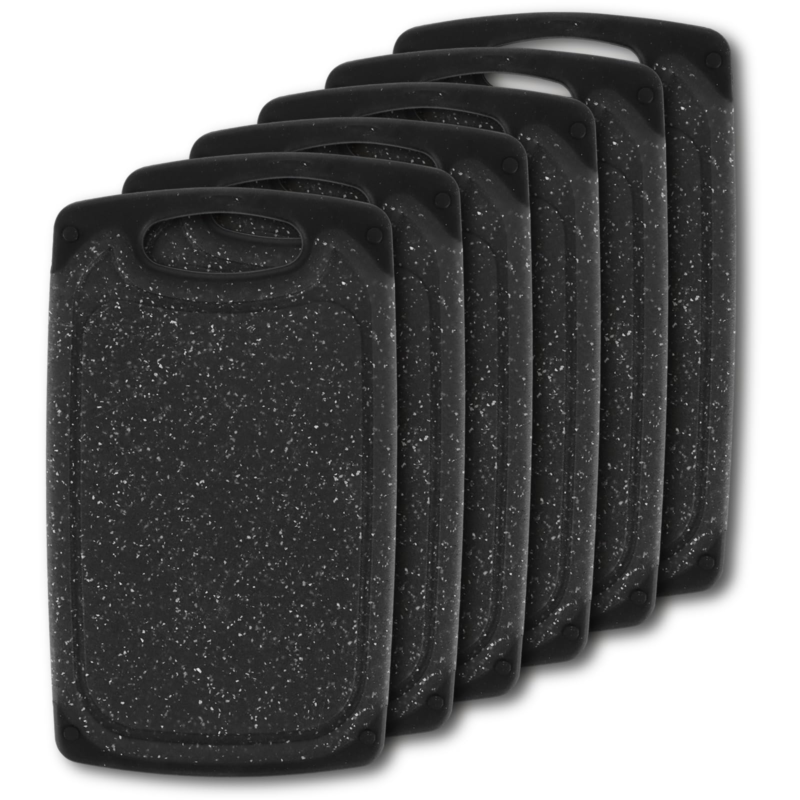 Frühstücksbrettchen Kunststoff 6er Set, 25x15cm Schneidebrett Kunststoff Schwarz, Frühstücksbrettchen Spülmaschinenfest, Rutschfest mit Saftrille und Griff, Brettchen Set Klein