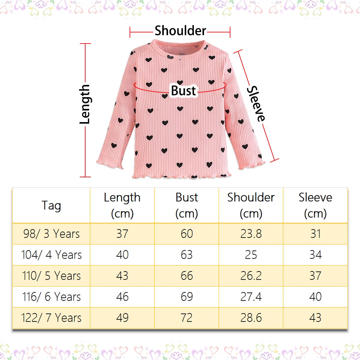 Pack de 3 Niña Camisetas Manga Larga Puños con Volantes T-Shirts Cuello Redondo Tops Básicos para Niños 3-7 años