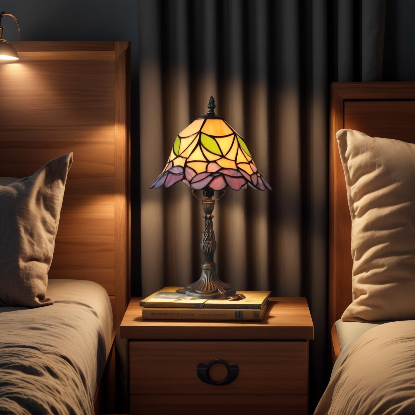 Tiffany Tischlampe 8 Zoll, handgefertigter Buntglas Lampenschirm mit Blumenmuster und Harzsockel, Vintage Tischleuchte für Schlafzimmer Wohnzimmer Büro – Leuchtmittel inklusive