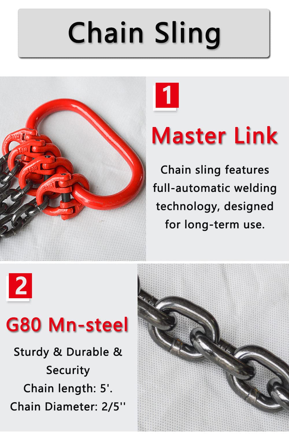 Chain Sling 2/5Inch X 5 Ft 6614lb 4 Leg with Sling Hooks and Adjusters Grade 80Alloy Steel Engine Chain Hoist Lifts【3 Ton】