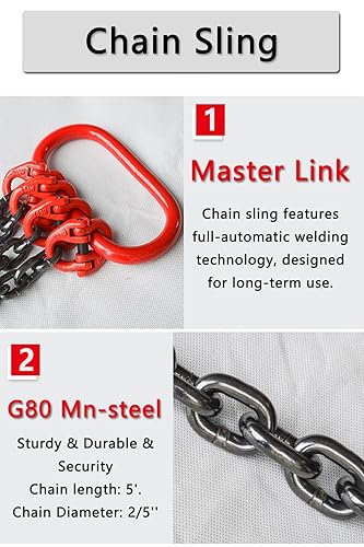 Miniatura 8 de Correa de cadena de 25 pulgadas x 5 pies, 4410 libras, doble pierna con ganchos y ajustadores, elevación de cadena de motor de acero de aleación 80