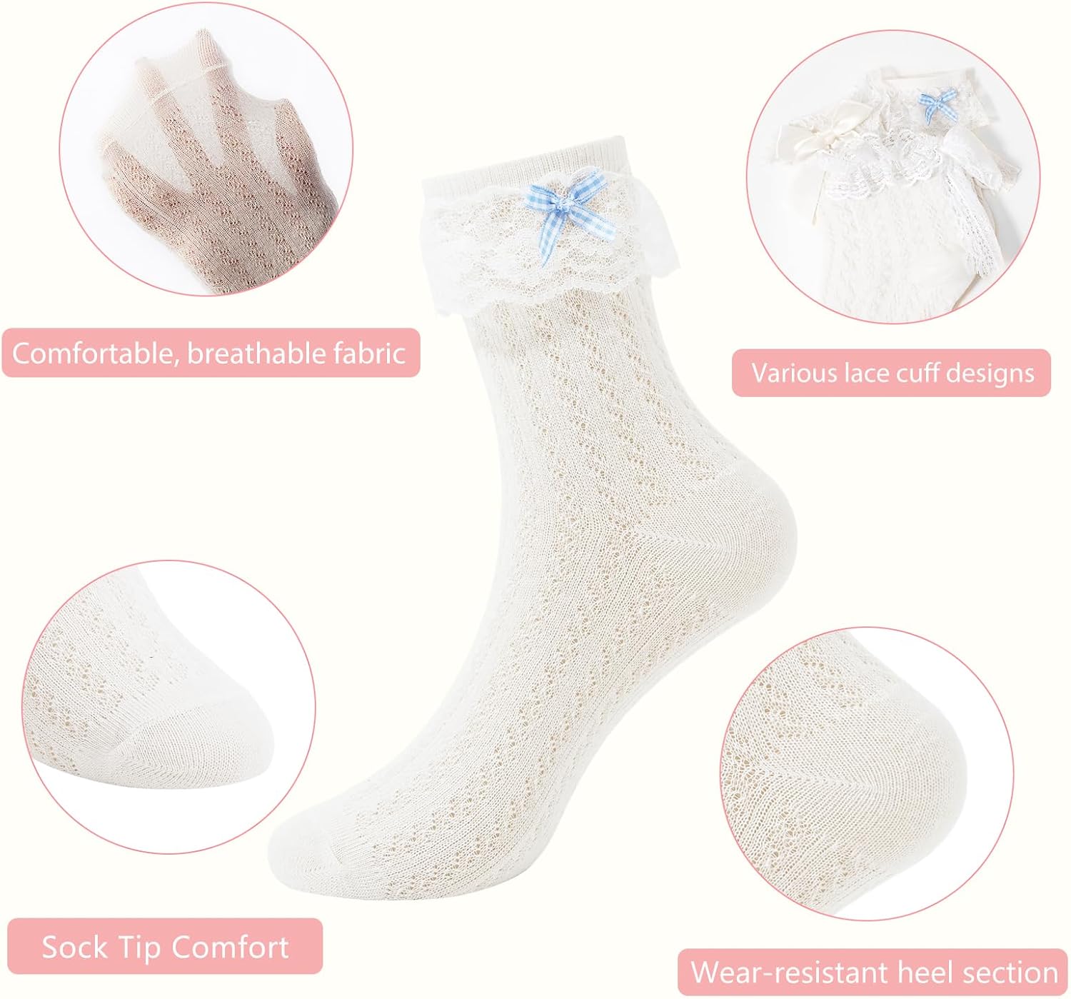 YOYOU Lace Socks Women Off White Bow Lace Ruffle Ankle Socks for Dress Lolita 3 Pairs
