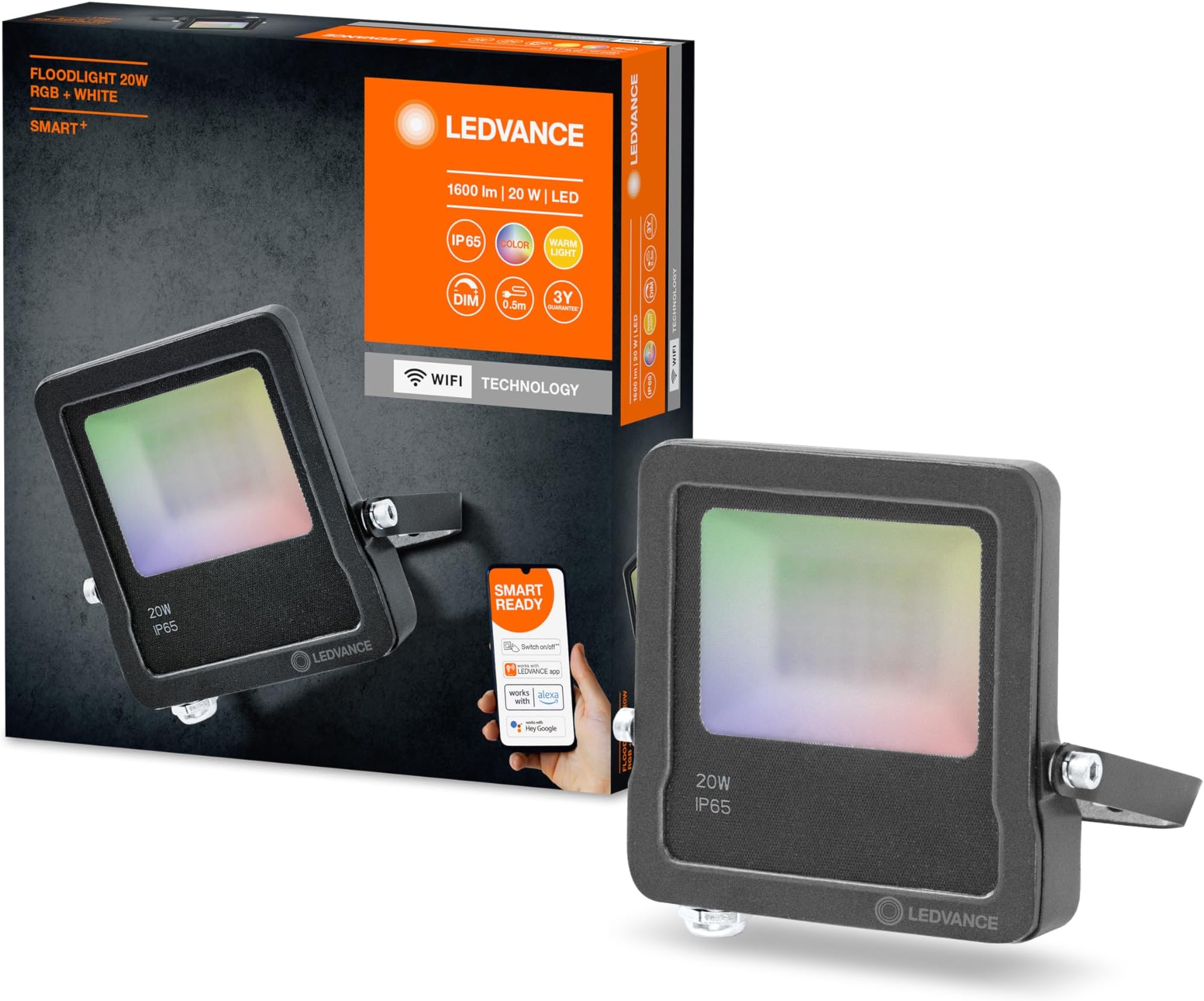 LEDVANCESmart LEDOutdoor Luminaire with WiFi Technology, FLOODlights for Outside, RGB Colors Changeable, 20 W, Made Of Dark Gray Aluminum, Compatible with Google and Alexa Voice, SMART+ WiFi FLOOD