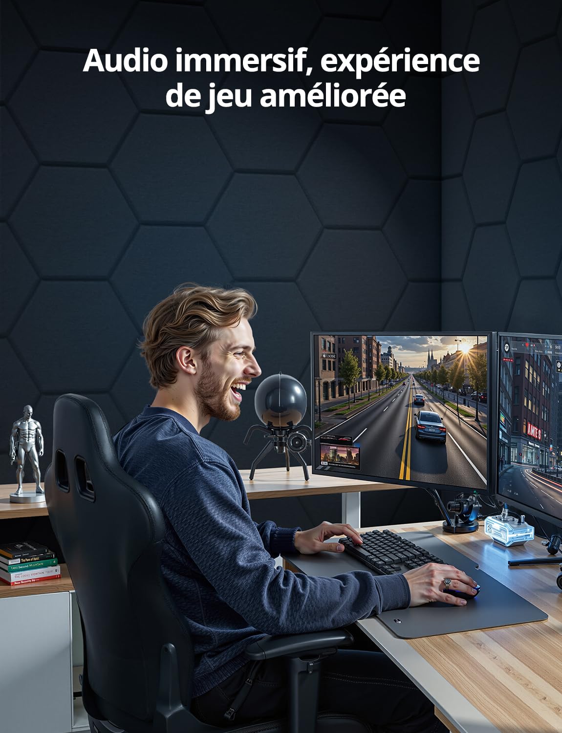 Kuchoow panneau acoustique mural hexagonal autocollant, lot de 12, panneaux acoustiques décoratifs absorption pour mur, plafond et porte, gaming, home studio, bureau, 30 x 26 x 0,9 cm, noir