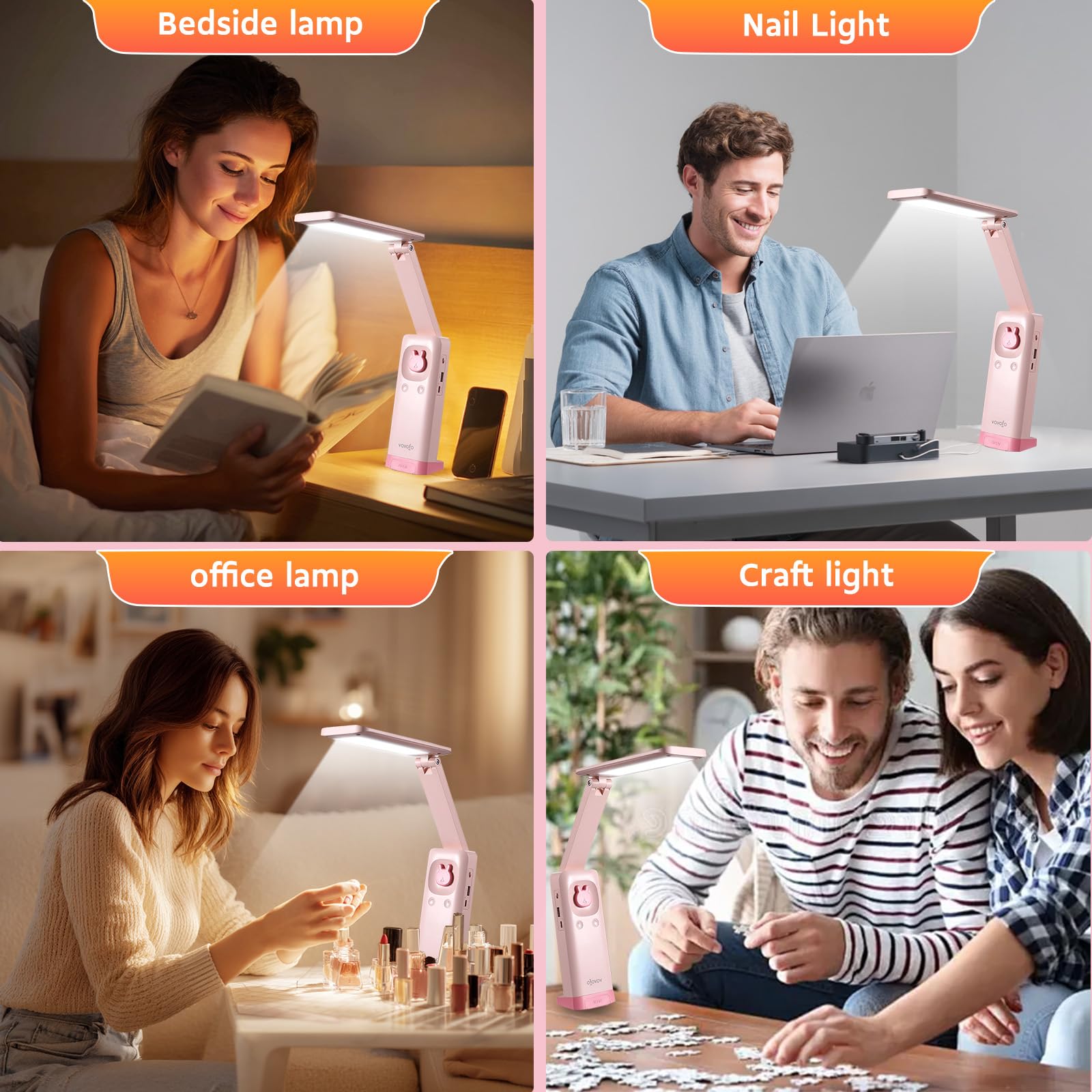 VAVOFO Schreibtischlampe, faltbar, tragbar, niedliche Schreibtischlampe, batteriebetriebene Schreibtischlampe, integriertes 6000 mAh wiederaufladbar, 3 Farben, warmrosa Schreibtischlampe, USB C