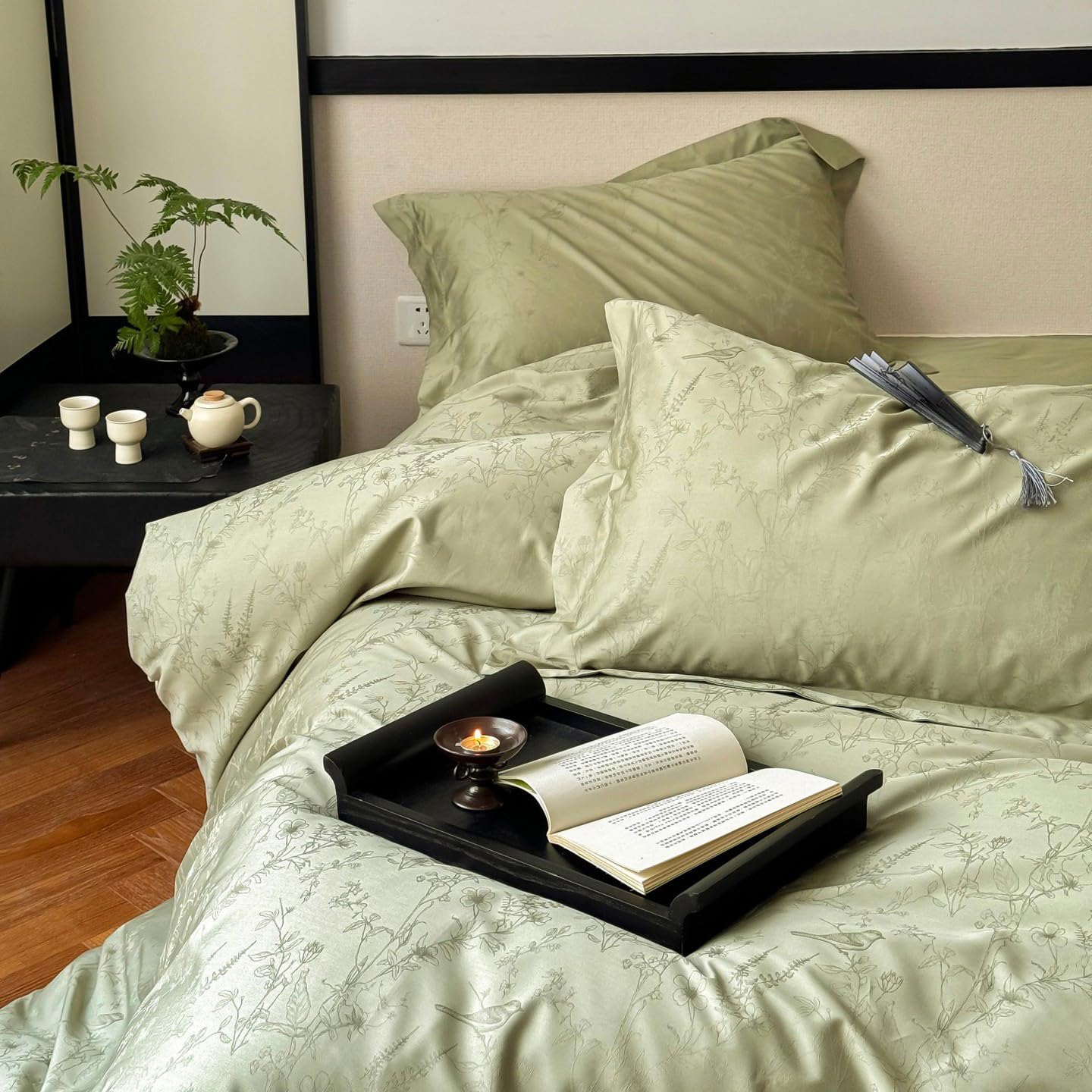 100% Cotton Duvet Cover Queen Size, Soft Luxury Green Duvet Cover Set for All-Season, Botanical Floral Bird Pattern - 1 Duvet Cover 90x90 Inches with Zipper Closure and 2 Pillowcases