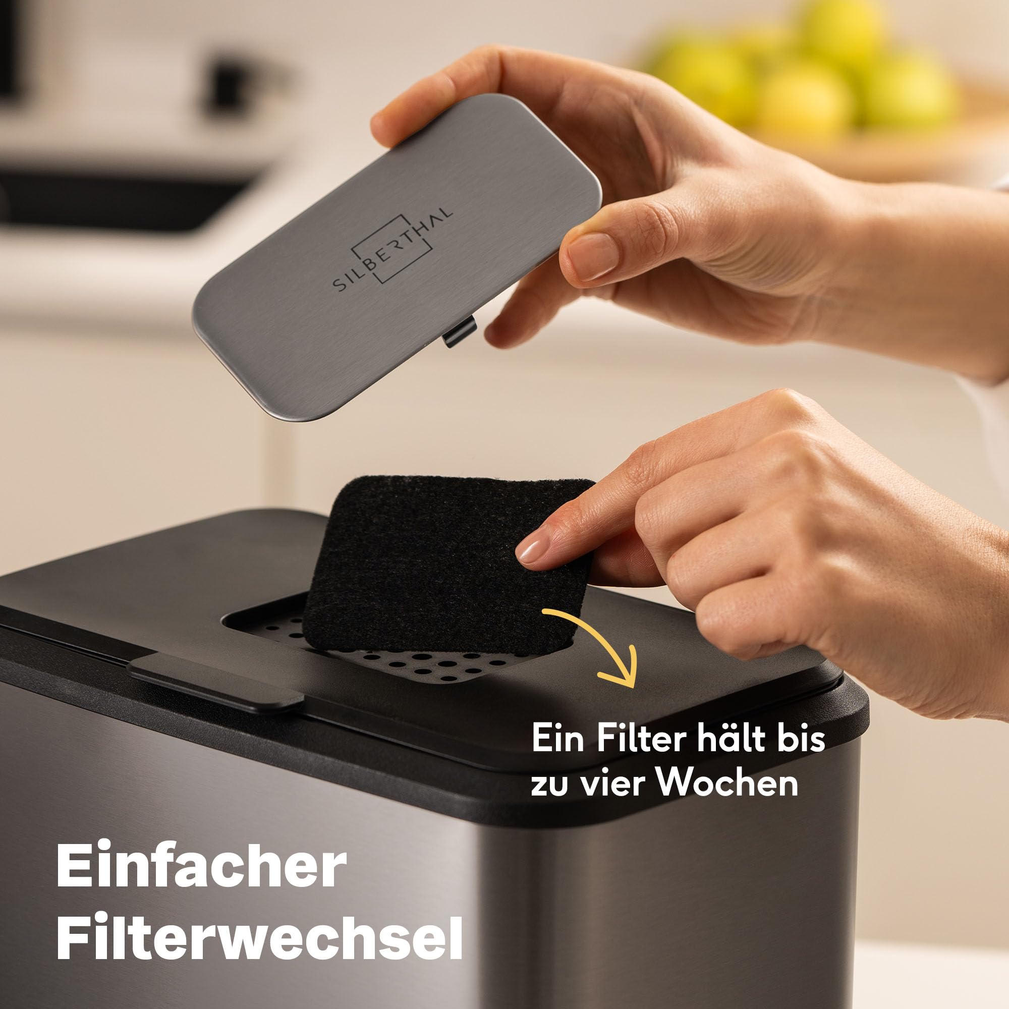 SILBERTHAL Biomülleimer Küche klein - 4L - Edelstahl - Mit Deckel - Geruchsarmer Komposteimer für die Küche - Mit Aktivkohlefilter - Innenbehälter spülmaschinenfest