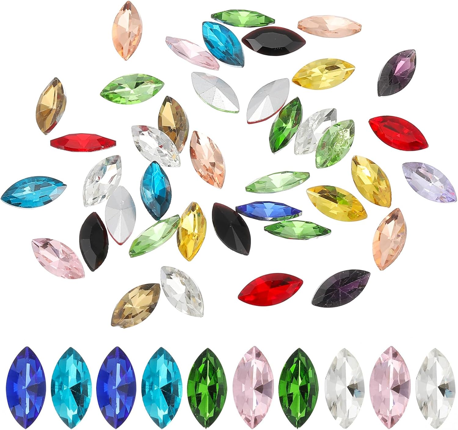 PATIKIL Marquise Gems, 40 Pcs 15x7mm Glass Rhinestones Flat Back Navette Horse Eye Crystal Gems for Jewelry Making DIY Craft, Colorful