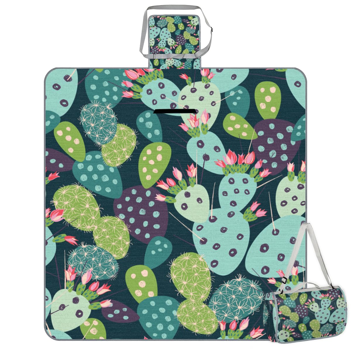 Shimoshe Picnic Blankets 57”x 59”, Flower Cactus Waterproof Sandproof Picnic Mat Lightweight Foldable Beach Blanket for Camping Park Grass Beach Outdoor Blanket