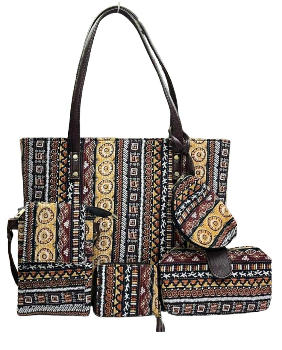 P S Traders Online Women's Ladies Traditional Ikkat Cotton 5 Pieces Combo Bag Multicolor