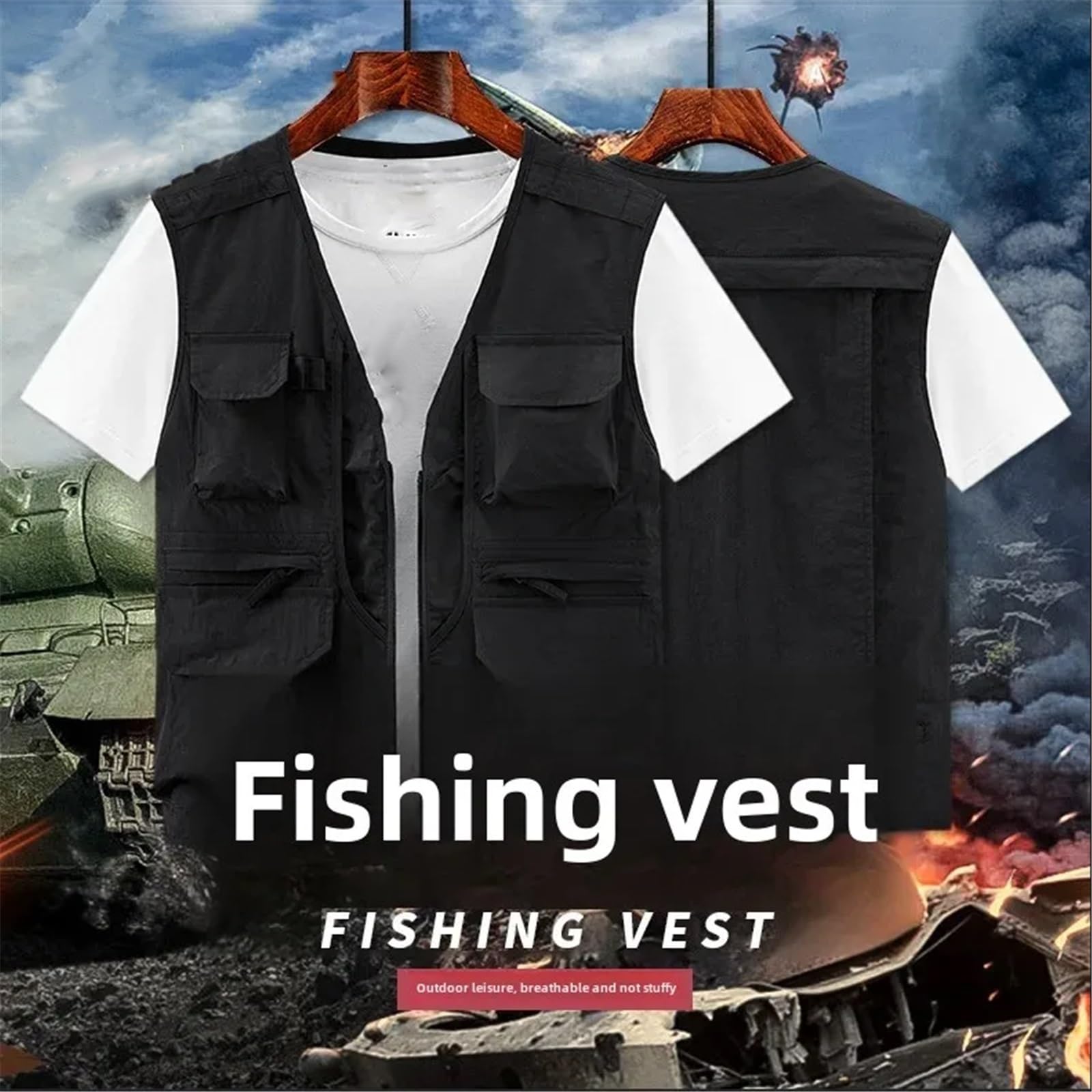 CLSQLXYJZC Gilet Da Pesca Estivo Uomo, Gilet Cargo Multitasche In Rete Traspirante Con Cerniera Senza Maniche E Leggero Da Uomo, Campeggio Antivento E Impermeabile Con Cerniera, Per Safari