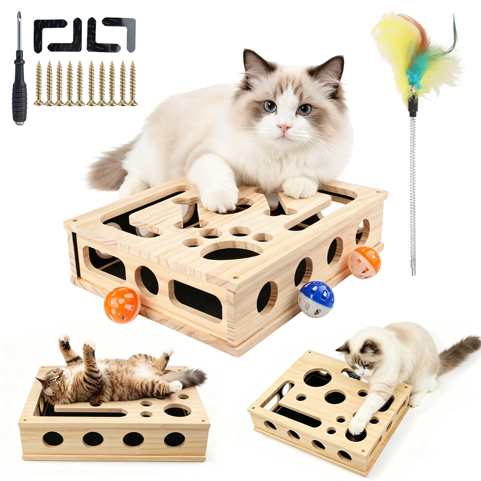2-in-1 Kratzpuzzle Katzen Set, Katzen Kratzbrett mit Sandpapier, 3 Glockenbällen， Feder und 4 Antirutschmatte, Interaktives Kratzboxen für Katzen Spielen, Entspannen und Krallenwetzen 30x25x8cm