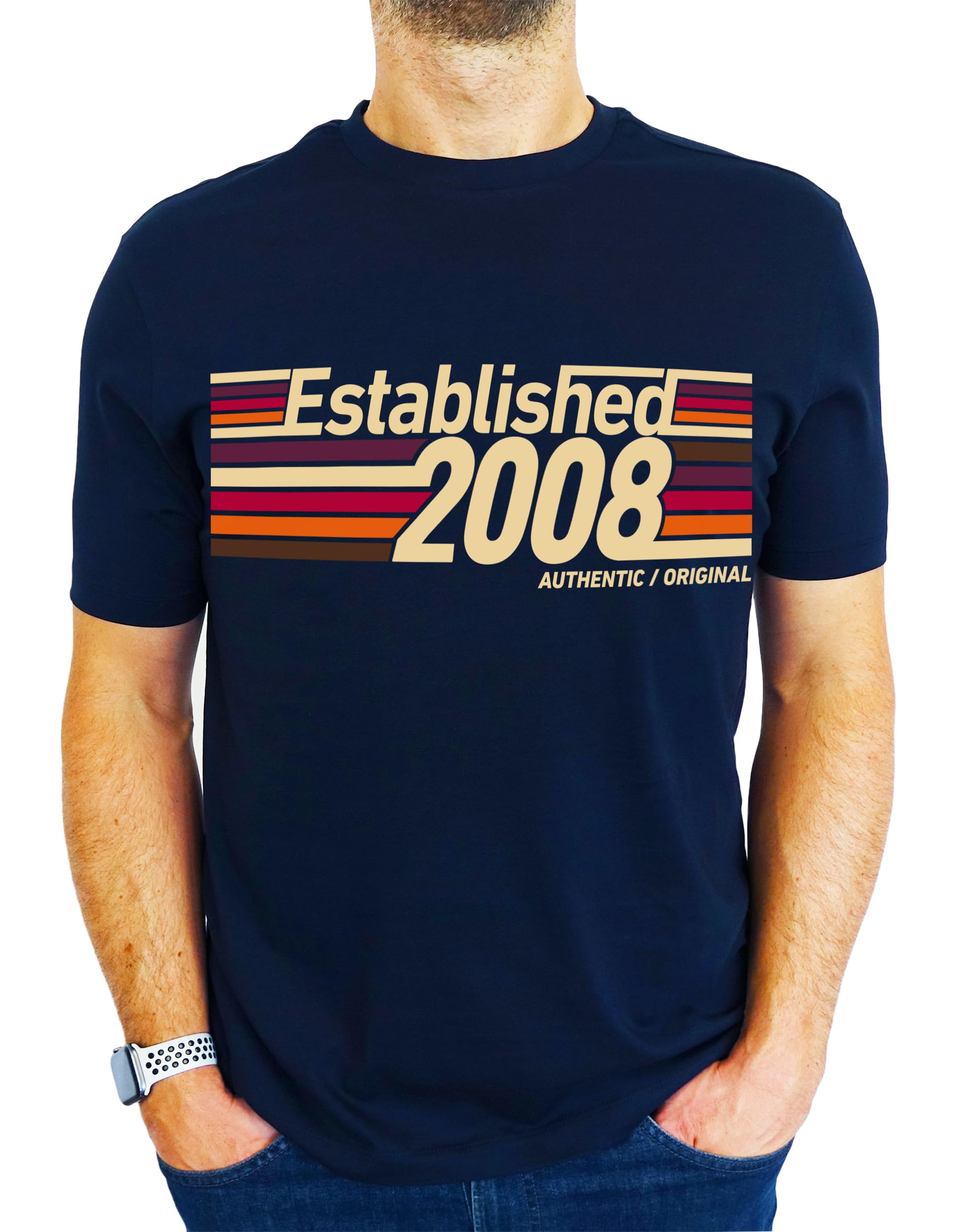 My Generation Gifts Men's Navy 2008 Established Retro Stripes - 18Th Birthday Gift | Present T-Shirt 2XL