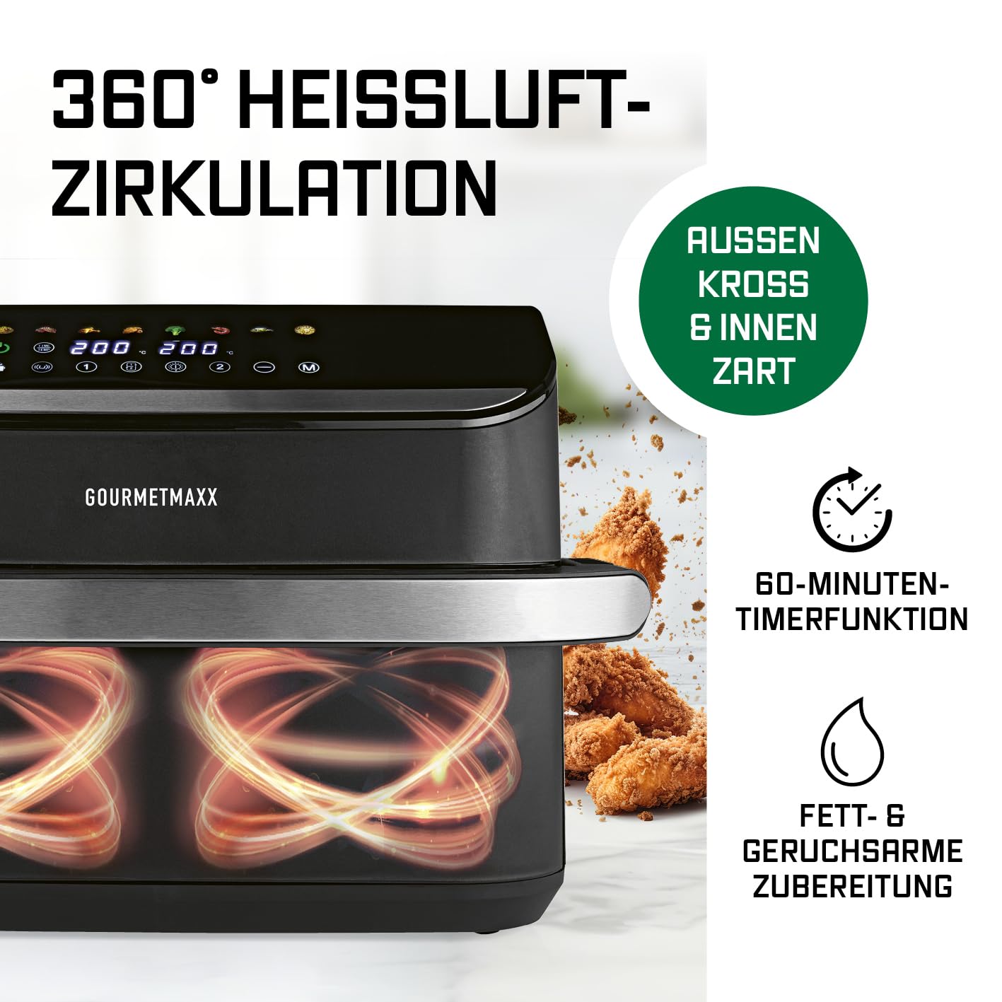 GOURMETmaxx Heißluftfritteuse, 10 L - 2 x 5 L Airfryer Vario-Kammer | Fritteuse mit 8 Programmen & Touchscreen | Heißluftfritteuse 2 Kammern – 2 Speisen gleichzeitig zubereiten | für max. 8 Personen