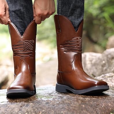 Slip Resistant Country Boots Classic Embroidered boot Cowboy Boots for Men Square Toe Chunky Heel Mid-Calf Boots