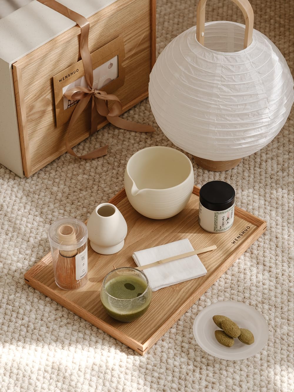 WENSHUO Matcha Whisk Sets (Matte Crème) with Wooden Tray and Ribbon Gift Box & Gift Bag,- 8pc Matcha Set Perfect Matcha Kit for Matcha Tea Ceremony