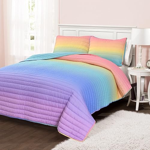 Lush Decor Rainbow Ombre - Juego de edredón de 3 piezas, matrimonialqueen, arcoíris y turquesa