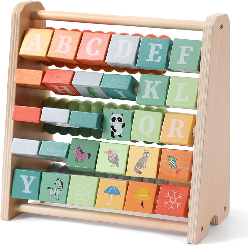 Wooden Activity Cube - Double-Sided Abacus & Alphabet Flip Tiles for Toddlers 18M+, Educational Counting Toy for Preschool and Homeschool Learning