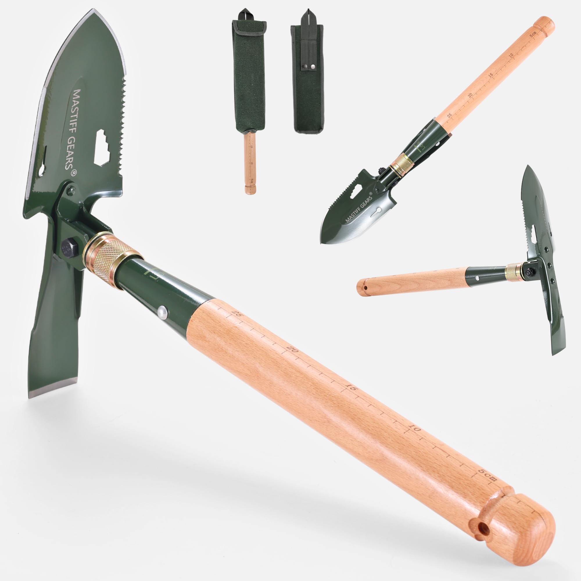 MASTIFF GEARS Folding Survival Shovel - Wooden Handle, Heavy Duty Carbon Steel Military Entrenching Tool for Camping, Off Road, Beach & All-Terrain Digging (Folding Mini Shovel with Pick/Hoe)