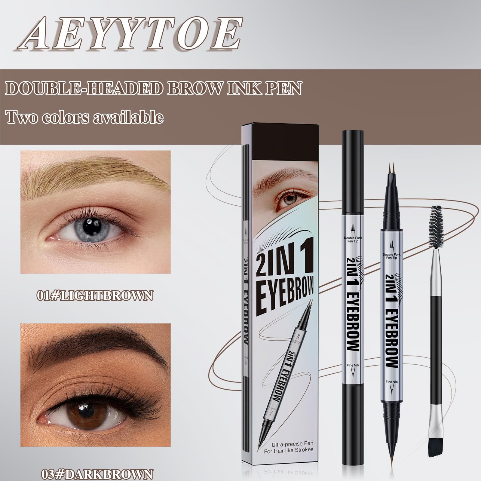 2 in 1 Eyebrow Pencil, Double-headed Brow Ink Eyebrow Pen, Liquid Brow Pencil Long Lasting Women Cosmetics - Image 2