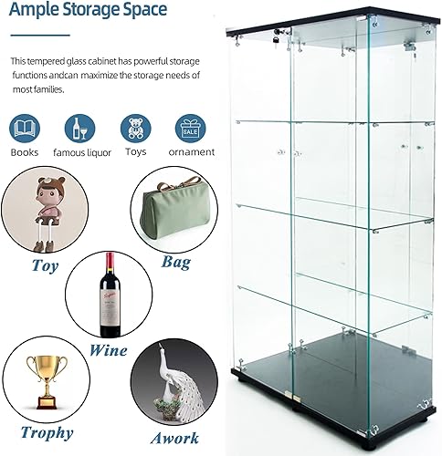 Miniatura 32 de Vitrina de cristal con 4 estantes con tira de luces LED y cerradura, vitrina de vitrina con ruedas y 1 puerta, vitrina de vidrio templado para sala